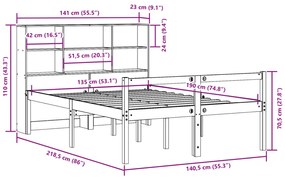 Κρεβάτι Βιβλιοθήκη Χωρίς Στρώμα Καφέ 135x190 εκ Μασίφ Πεύκο - Καφέ