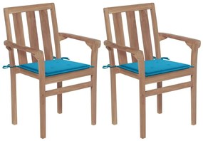 Καρέκλες Κήπου 2 τεμ. από Μασίφ Ξύλο Teak με Μπλε Μαξιλάρια - Μπλε
