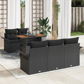 vidaXL Σετ Καναπέ Κήπου  6 Κομματιών με Μαξιλάρια Μαύρο Πολυεστέρα Ρατάν Ακακίας