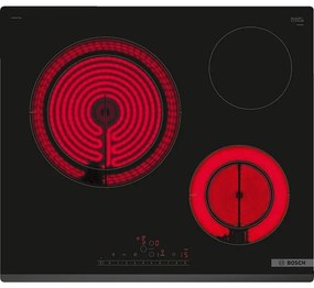 Κεραμική ενσωματωμένη εστία Bosch PKK631FP8E, 5750W, 3 ζώνες, 17 επίπεδα, PowerBoost, Επανεκκίνηση, Ηλεκτρικό, Μαύρο