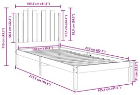 Πλαίσιο Κρεβατιού Μακρύ Χωρίς Στρώμα 100x210 εκ Μασίφ Ξύλο - Καφέ