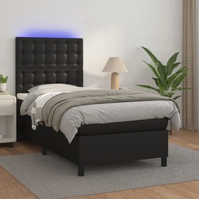 Κρεβάτι Boxspring με Στρώμα &amp; LED Μαύρο 90x200 εκ. Συνθ. Δέρμα