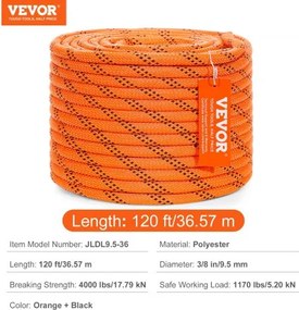VEVOR Arborist Tree Climbing Rope Double Braid Polyester 0,95 cm (3/8") x 36,6 m (120') 48-Strand