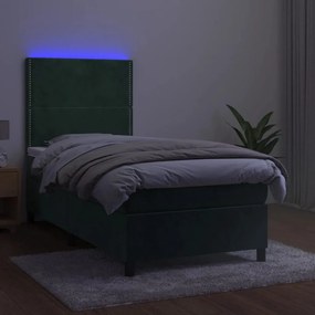 Κρεβάτι Boxspring με Στρώμα &amp; LED Σκ. Πράσινο 90x190 εκ Βελούδο - Πράσινο