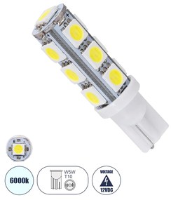 GloboStar® 03040 Λάμπα Αυτοκινήτου LED T10 W5W 13xSMD5050 2.8W 286lm 360° DC 12-16V IP20 Φ1.2 x Υ4cm Ψυχρό Λευκό 6000K