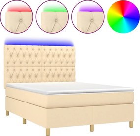 vidaXL Κρεβάτι Boxspring με Στρώμα &amp; LED Κρεμ 140x190 εκ. Υφασμάτινο