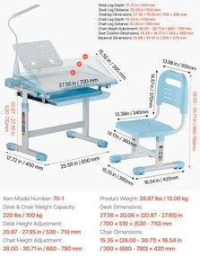VEVOR Kids Chair and Desk Set Table Lamp Adjustable Height &amp; Tilted Desktop Blue