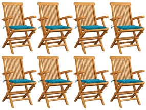 Καρέκλες Κήπου 8 τεμ. από Μασίφ Ξύλο Teak με Μπλε Μαξιλάρια