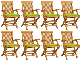 vidaXL Καρέκλες Κήπου 8 τεμ. Μασίφ Ξύλο Teak με Φωτ. Πράσινα Μαξιλάρια