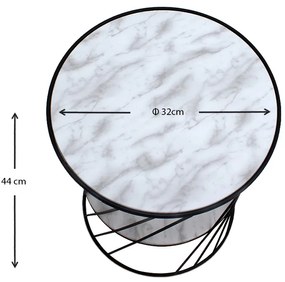 Τραπεζάκι βοηθητικό Jaspin Megapap μεταλλικό - Mdf χρώμα μαύρο-λευκό εφέ μαρμάρου 32x32x44εκ.