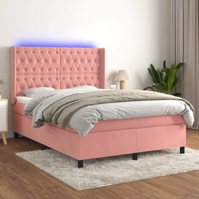 vidaXL Κρεβάτι Boxspring με Στρώμα &amp; LED Ροζ 140x190 εκ. Βελούδινο