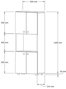 Ντουλάπα κουζίνας Guzel pakoworld σε λευκή απόχρωση 60x31.4x140εκ