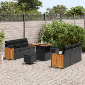 vidaXL σετ καναπέ 9 τεμαχίων με μαξιλάρια μαύρο πολυ ρατάν ακακία