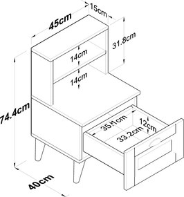 Stewehome Κομοδίνο ξύλινο με ράφια και συρτάρι 45x40x74.4 cm