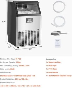 VEVOR Commercial Ice Maker Freestanding Cabinet Machine 150lbs/24H 45 Ice Cubes