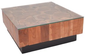 Τραπέζι σαλονιού Granon Inart καρυδί-μαύρο μασίφ ξύλο teak-γυαλί 80x80x32εκ