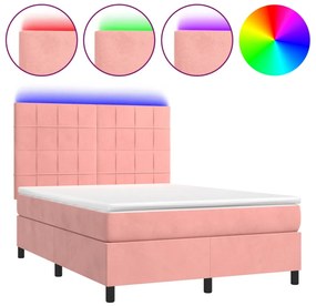 vidaXL Κρεβάτι Boxspring με Στρώμα &amp; LED Ροζ 140x200 εκ. Βελούδινο