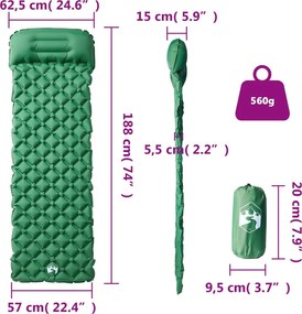 vidaXL Στρώμα Κάμπινγκ φούσκωτο Μονό με Μαξιλάρι Πράσινο