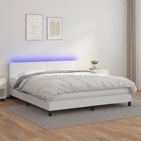 Κρεβάτι Boxspring με Στρώμα &amp; LED Λευκό 160x200 εκ. Συνθ. Δέρμα