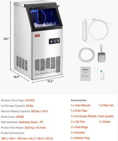 VEVOR Commercial Ice Maker Freestanding Cabinet Machine 100lbs/24H 36 Ice Cubes