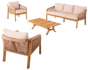 OUTDOOR LOUNGE SET 4PCS ROSSWELL  ACACIA WOOD-ROUND ROPE-BEIGE CUSHIONS