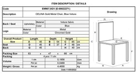 Καρέκλα CELINA Μεταλλική Χρυσό, Velure Μπλε 45x54x85cm (Σετ 4 ΤΕΜ)