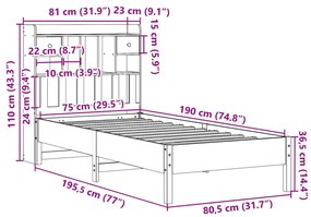 Κρεβάτι Βιβλιοθήκη Χωρίς Στρώμα Λευκό 75x190 εκ Μασίφ Πεύκο - Λευκό