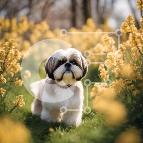 Intra Συλλεκτικό Ξύλινο Παζλ Plywood 4mm - Λευκό και καφέ σκυλί Shih Tzu σε κίτρινο πεδίο λουλουδιών Σε Ξύλινο Κουτί - Διαστάσεις: 10x10 cm – 25 κομμάτια