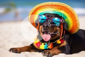 Σετ των 2 Intra Συλλεκτικό Ξύλινο Παζλ Plywood 4mm - Ευτυχισμένος σκύλος ροτβάιλερ στην παραλία Σε Ξύλινο Κουτί - Διαστάσεις: 10x10 cm – 25 κομμάτια