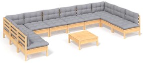 vidaXL Σαλόνι Κήπου Σετ 11 Τεμαχίων από Μασίφ Πεύκο με Γκρι Μαξιλάρια