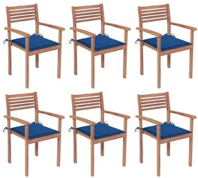Καρέκλες Κήπου Στοιβαζ. 6 τεμ. από Μασίφ Ξύλο Teak με Μαξιλάρια - Μπλε