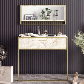 Κονσόλα Με Καθρέπτη Polka Aynali 875ZNA3510 90x38,5x76,8/90x3x37,8cm Marble Effect White-Gold Μοριοσανίδα, Μέταλλο