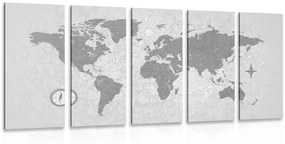 Χάρτης με 5 μέρη εικόνας του κόσμου με πυξίδα σε ρετρό στυλ σε ασπρόμαυρο - 100x50