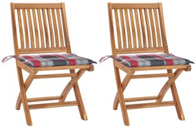 vidaXL Καρέκλες Κήπου 2 τεμ. Μασίφ Ξύλο Teak με Κόκκινα Καρό Μαξιλάρια