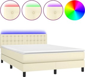 vidaXL Κρεβάτι Boxspring με Στρώμα &amp; LED Κρεμ 140x190 εκ. Συνθ. Δέρμα