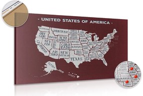Εικόνα στον εκπαιδευτικό χάρτη των ΗΠΑ από φελλό με φόντο μπορντό - 120x80  flags