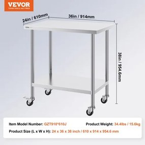 VEVOR Stainless Steel Work Table Commercial Prep Table 24x36 Inch With 4 Casters