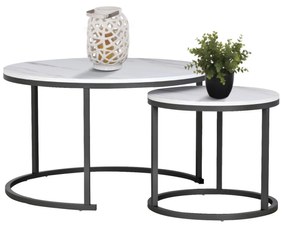 COFFEE TABLES SET 2PCS MDF WHITE MARBLE LOOK BLACK LEGS Φ80x48cm.