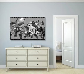 Εικόνα ασπρόμαυρων πουλιών και λουλουδιών σε vintage σχέδιο