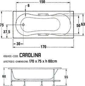 Sanitec Carolina 508 - Παραλληλόγραμμη Μπανιέρα 170x75 εκ - Pneumatic Basic, Air Blower, Χωρίς, Χωρίς