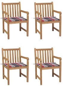 Καρέκλες Κήπου 4 τεμ. Μασίφ Ξύλο Teak με Κόκκινα Καρό Μαξιλάρια