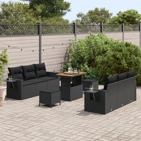 vidaXL 9 Τεμαχίων Σετ Καναπέ Κήπου με Μαξιλάρια Μαύρο Πολυ Ρατάν Ακακία