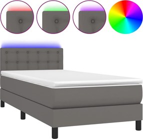 vidaXL Κρεβάτι Boxspring με Στρώμα &amp; LED Γκρι 100x200 εκ. Συνθ. Δέρμα