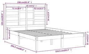 Πλαίσιο Κρεβατιού Μαύρο 150 x 200 εκ. Μασίφ Ξύλο King Size - Μαύρο