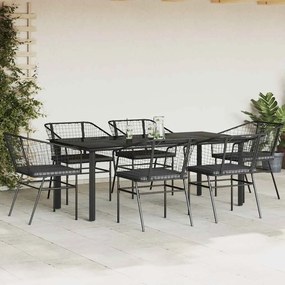 vidaXL Σετ Τραπεζαρίας Κήπου 7Τεμ. Μαύρο Συνθ.Ρατάν/Γυαλί με Μαξιλάρια