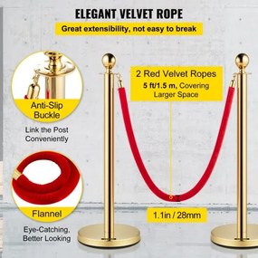 VEVOR Velvet Ropes and Posts Gold Stanchion 5ft/1.5m Crowd Control Barriers 4PCS