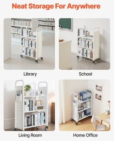 VEVOR 3-Tier Rolling Book Cart Single Sided L-Shaped Shelves Book Truck in White