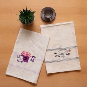 Ποτηρόπανα Πικέ Με Κέντημα 502 (Σετ 2τμχ) Ecru-Purple Viopros 45x65cm 100% Cotton