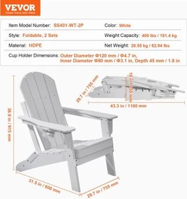 VEVOR Adirondack Chair Plastic Set of 2 All-Weather Folding Fire Pit White