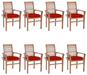 vidaXL Καρέκλες Τραπεζαρίας 8 τεμ. Μασίφ Ξύλο Teak & Κόκκινα Μαξιλάρια